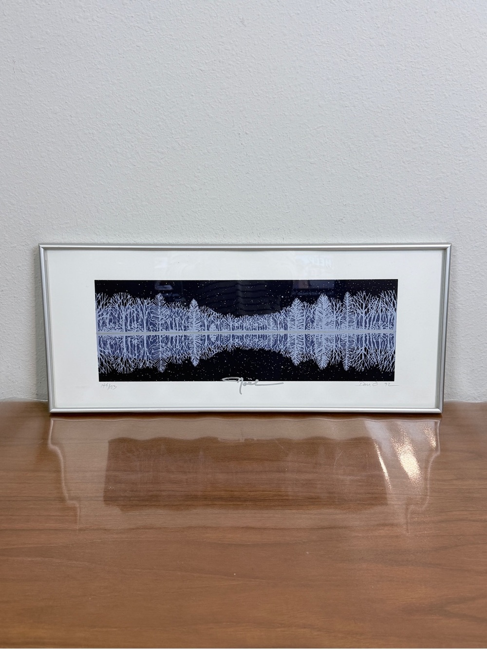 Noel Nighttime Winter Landscape Art Print Signed 1992 Silver Metal Frame 22x9.5